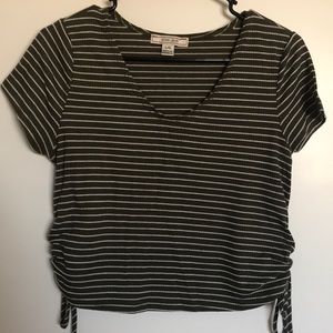 Olive Striped Crop Top w/ double side drawstrings